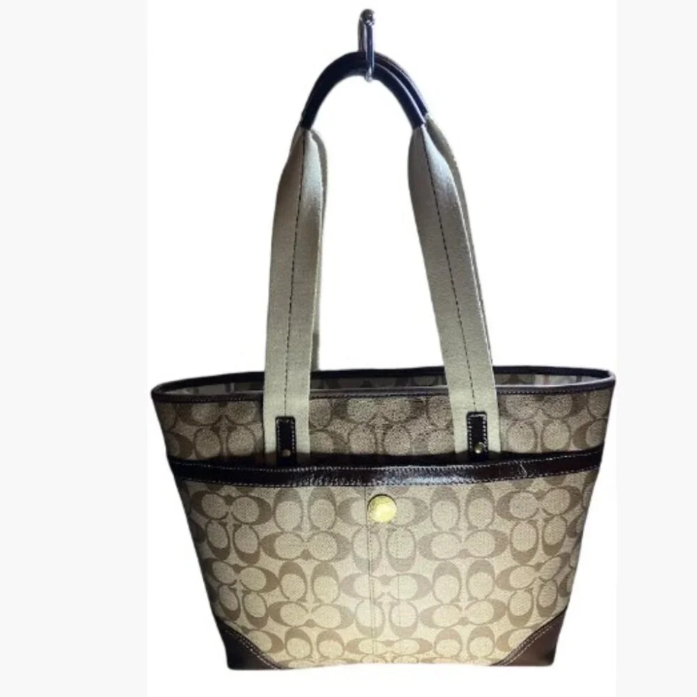 Coach Brown Signature Coated Canvas Leather Heritage Stripe Vintage Tote EUC